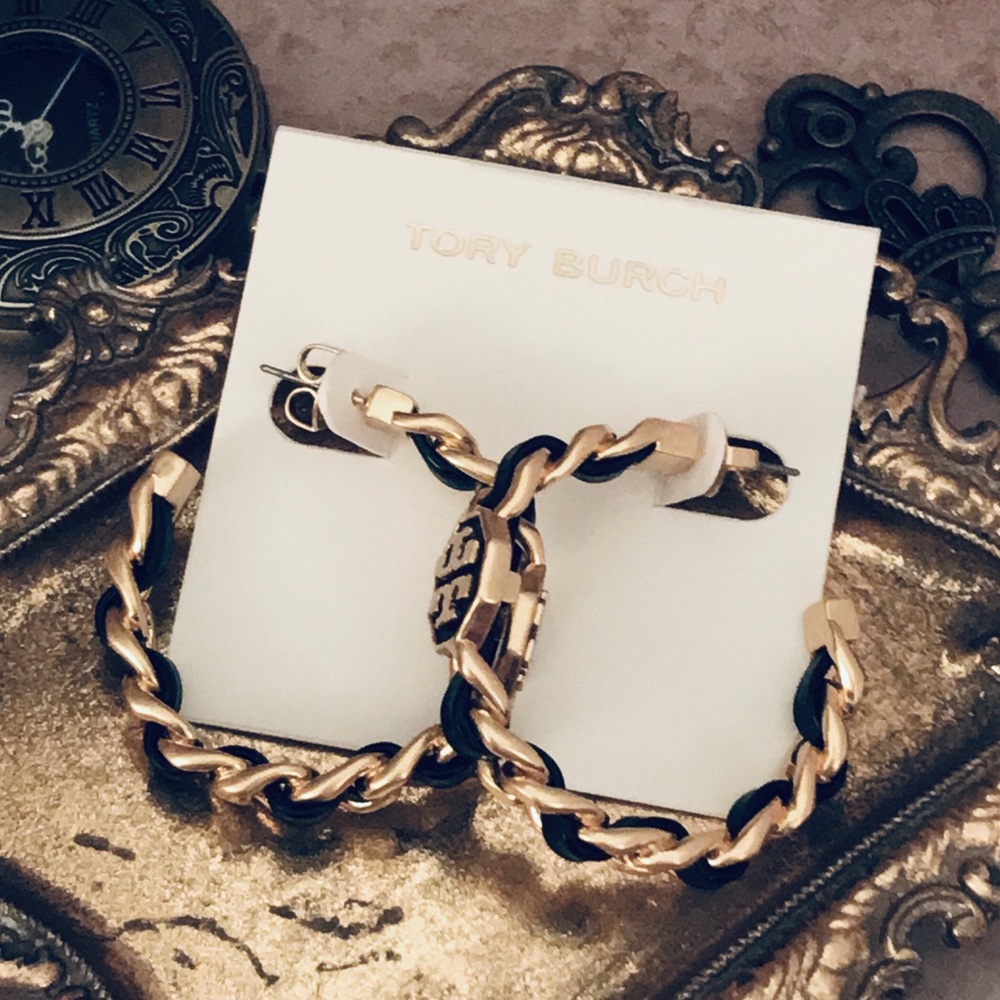 TORY BURCH • Black Marion Woven Hoop Earrings - Picture 7 of 7